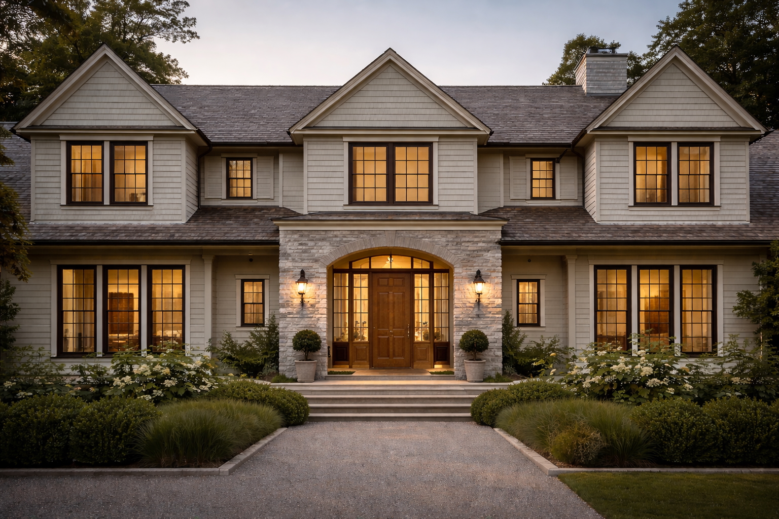Traditional luxury home exterior with landscaped entry in Greenwich CT