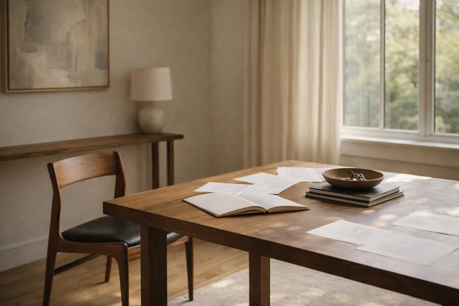 Light-filled dining area interior detail with curated neutral styling in a Connecticut luxury home