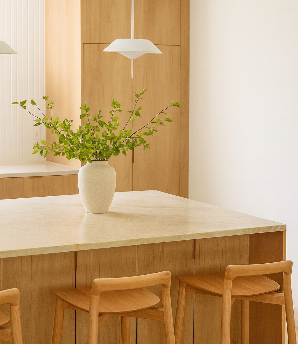 Minimalist wood kitchen area with natural light in a luxury Connecticut home
