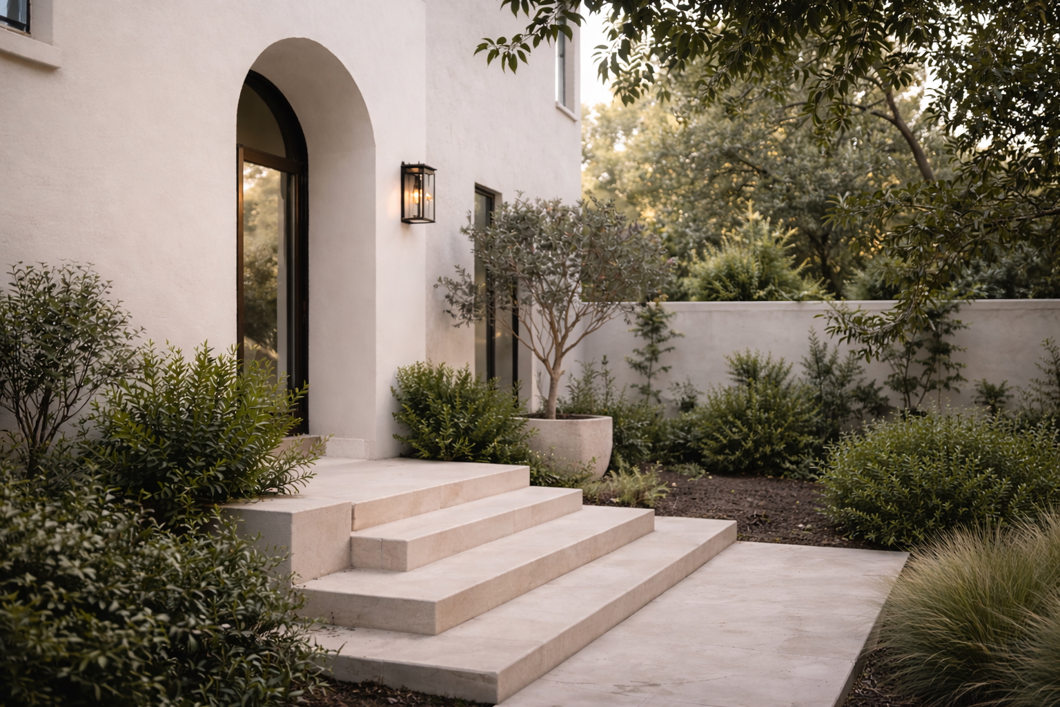 Elegant Mediterranean-style home entrance with landscaped steps in Greenwich Connecticut