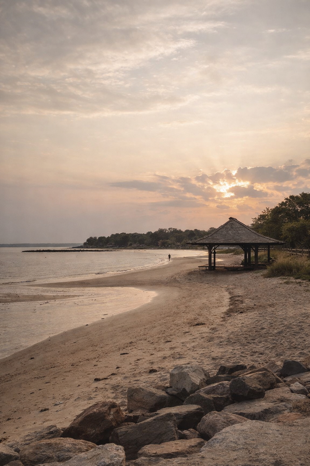 Greenwich CT beach at sunset along the Long Island Sound shoreline