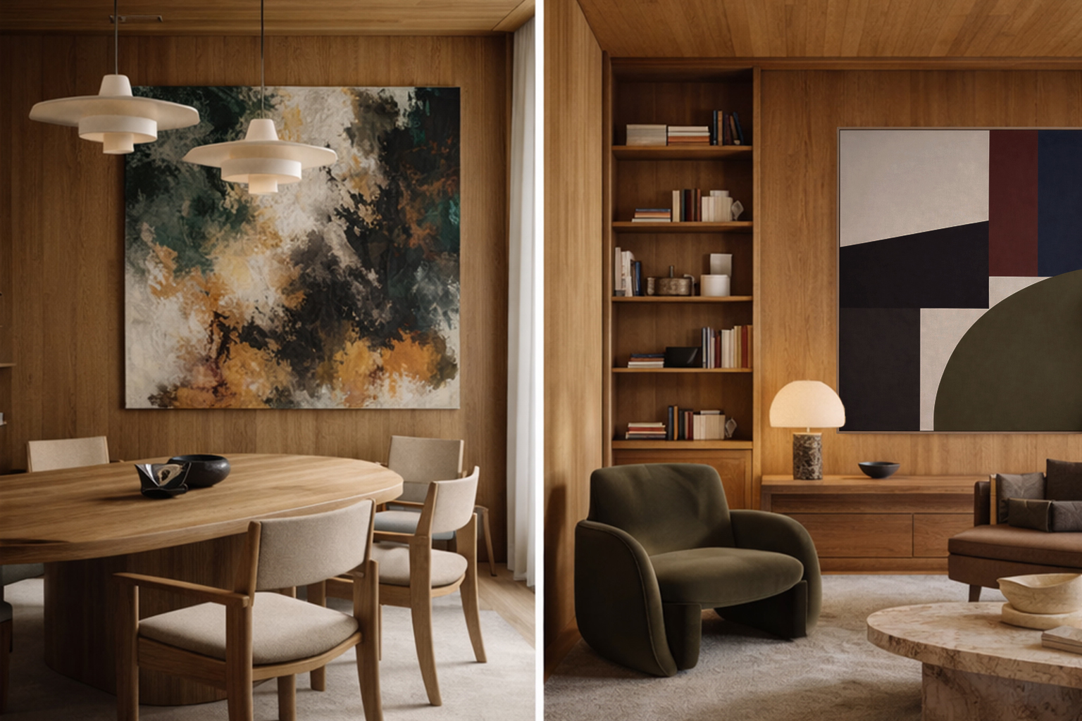 Refined dining and living space with custom millwork and contemporary art in a luxury Greenwich CT home