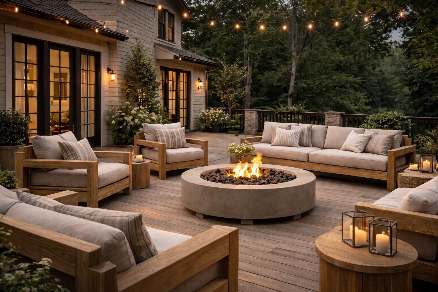 Luxury outdoor deck patio with fire pit seating in a high-end Greenwich CT home
