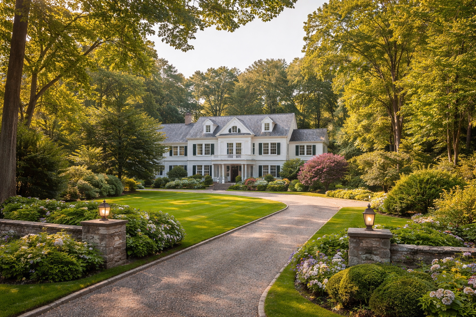 Mid Country Greenwich CT with larger properties and wooded surroundings