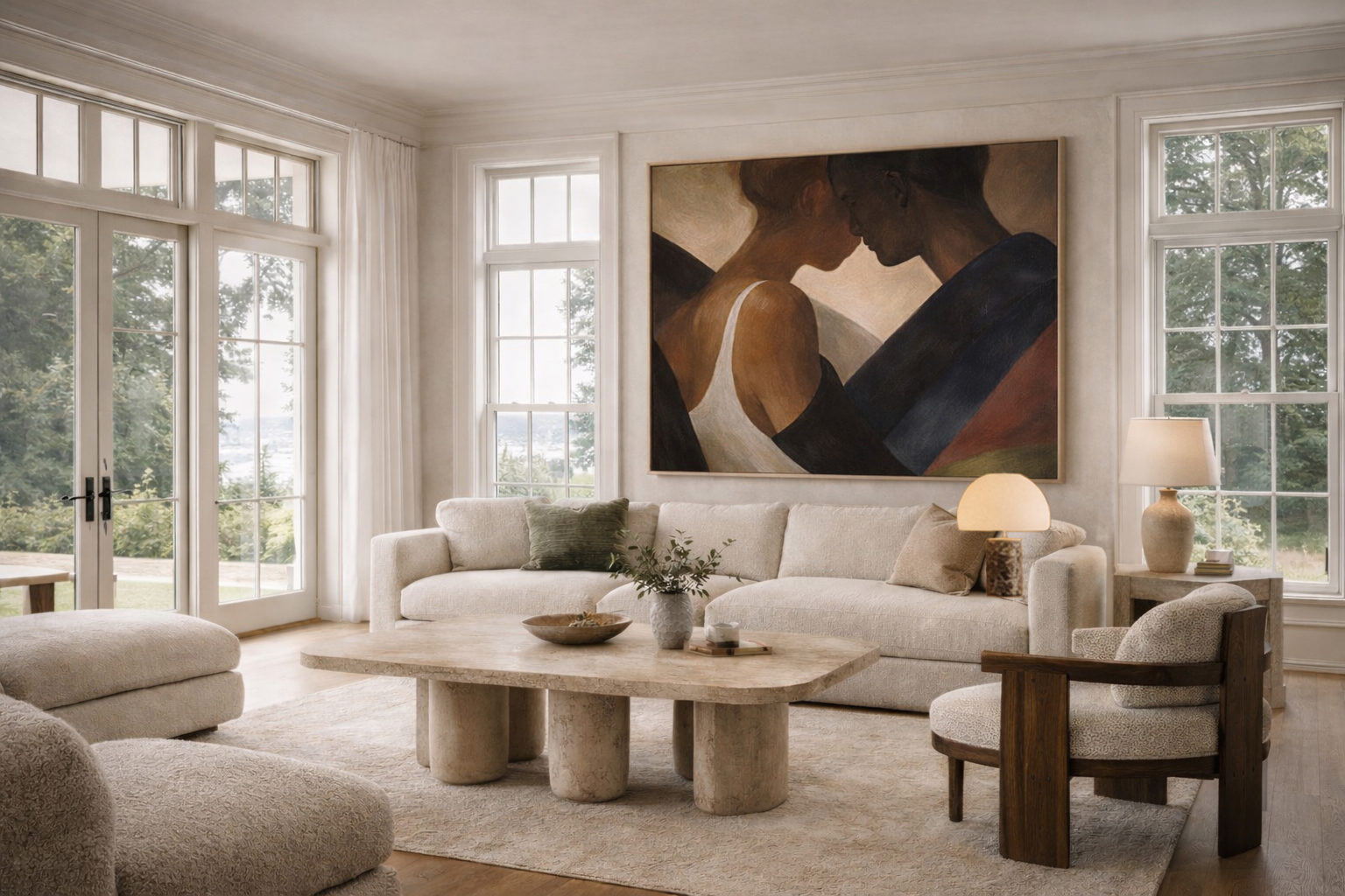 Elegant Greenwich living room interior with natural light and neutral design