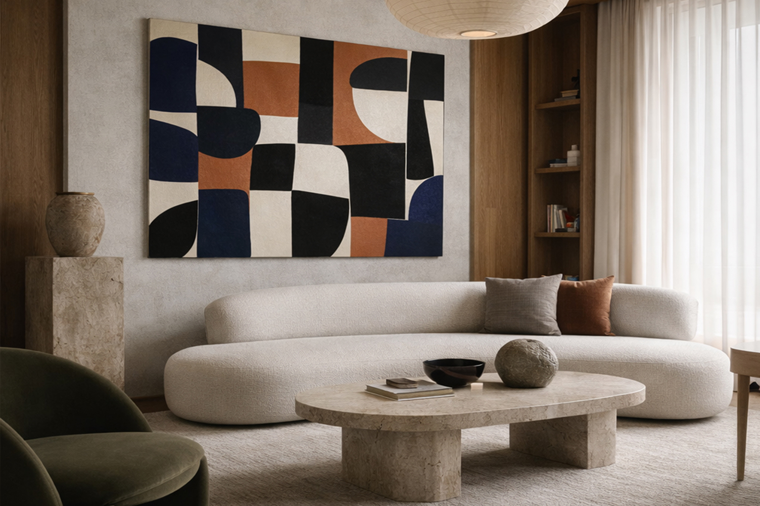 Modern living room with curved sofa, abstract artwork, and warm wood ceilings in a luxury Greenwich CT home