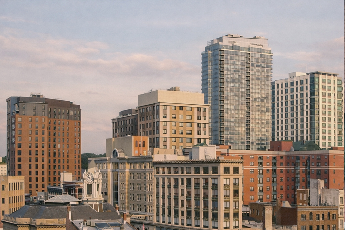 Stamford CT Skyline with dowtown high-rises and waterfront proximity